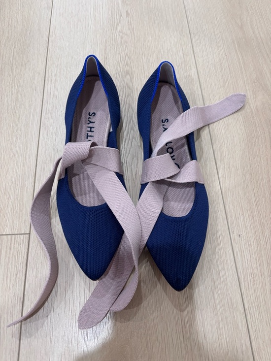 Rothy's Shoes - Rothy's Navy Pointed Knit Flats with Blush Tie Straps